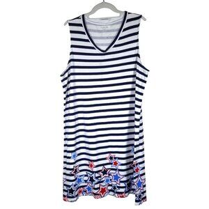 Kim Rogers - Women's Size XL - Tank Top - Blue & White Striped With Stars